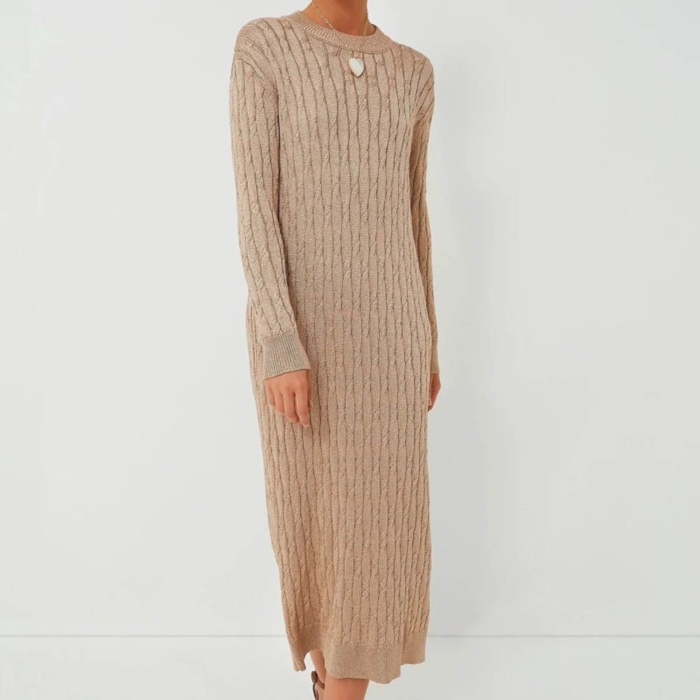Tuckernuck Gold Metallic Cable Knit Long Sleeve Midi Dress size Medium